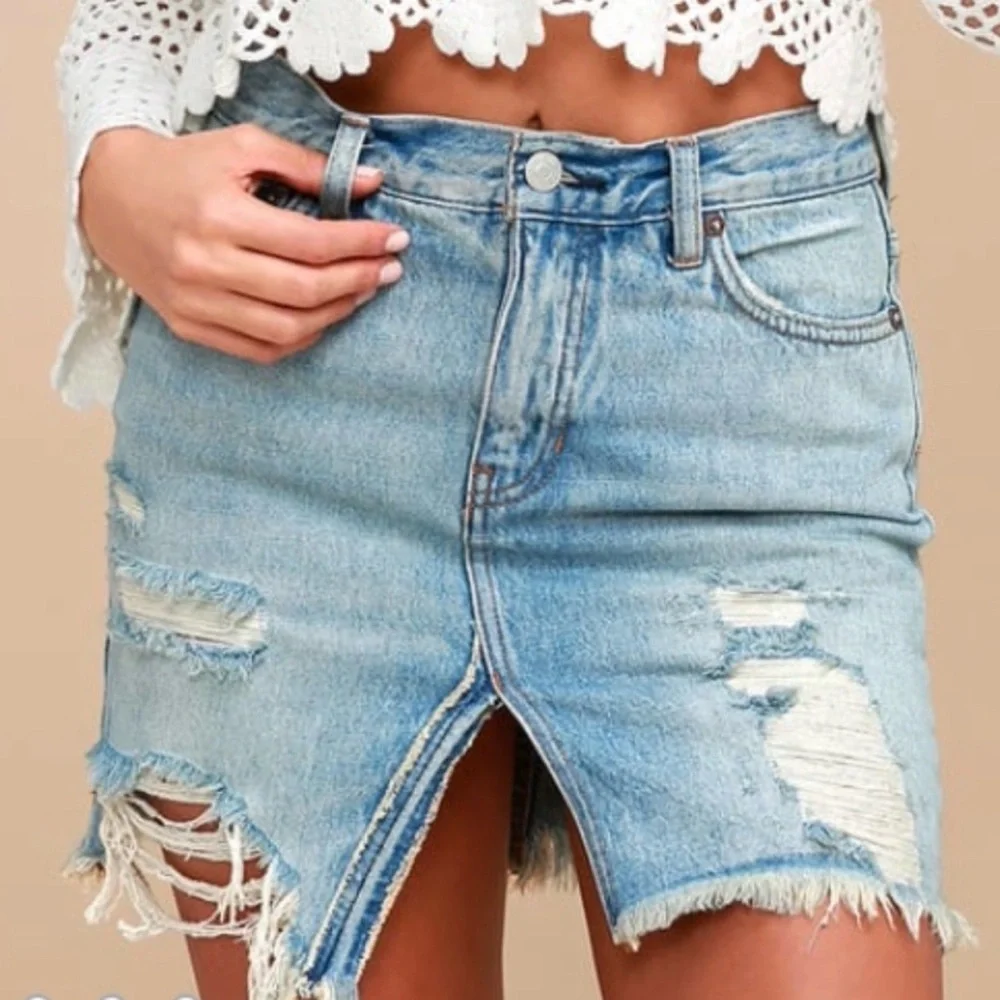 Free People Relaxed Destroyed Denim Mini Skirt - Picture 2 of 10